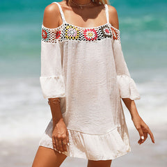 Boho Granny Square Crochet Knit Cold Shoulder Ruffle Brazilian Beach Cover Up