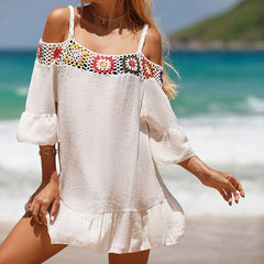 Vestido playero brasileño bohemio de crochet con hombros descubiertos y volantes de cuadrados de abuelita