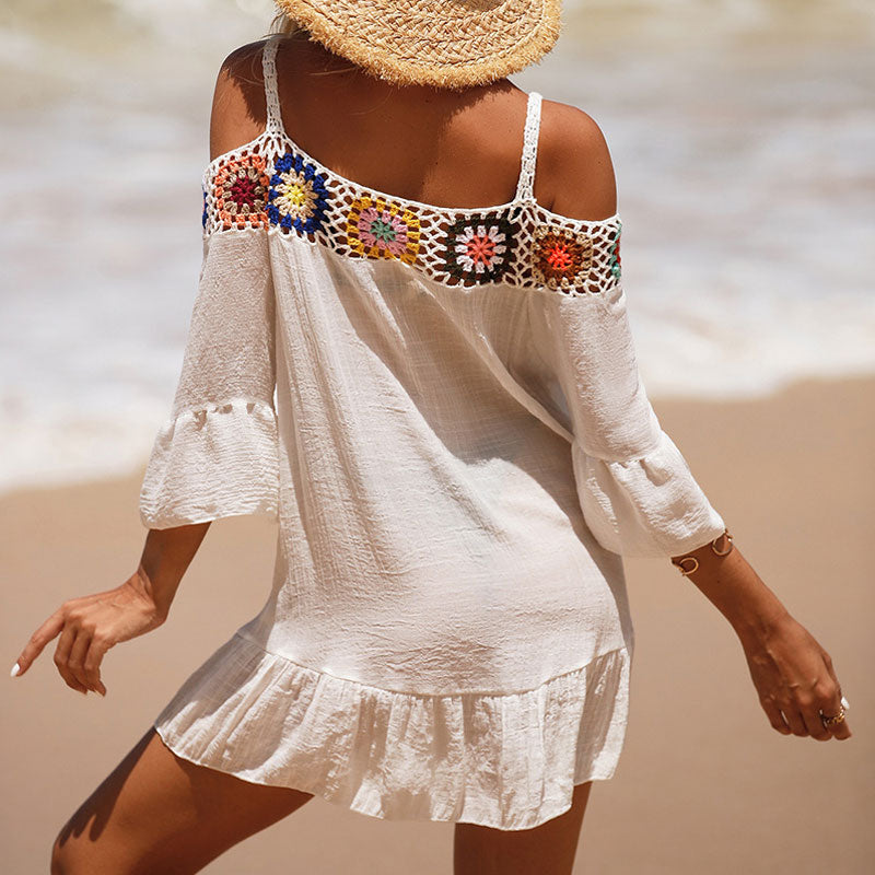 Vestido playero brasileño bohemio de crochet con hombros descubiertos y volantes de cuadrados de abuelita