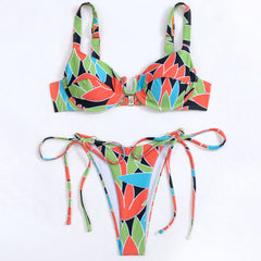 Boho Leaf Printed Tie Side Cheeky Notch Underwire Brazilian Two Piece Bikini Swimsuit