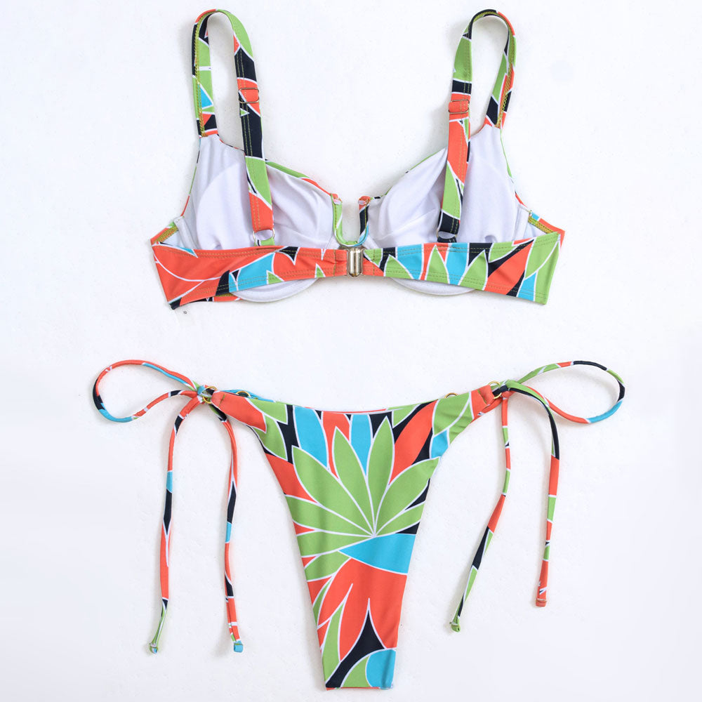 Boho Leaf Printed Tie Side Cheeky Notch Underwire Brazilian Two Piece Bikini Swimsuit