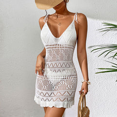 Boho Neck Tie Shoulder Ruffle Trim Brazilian Beach Crochet Cover Up Mini Dress