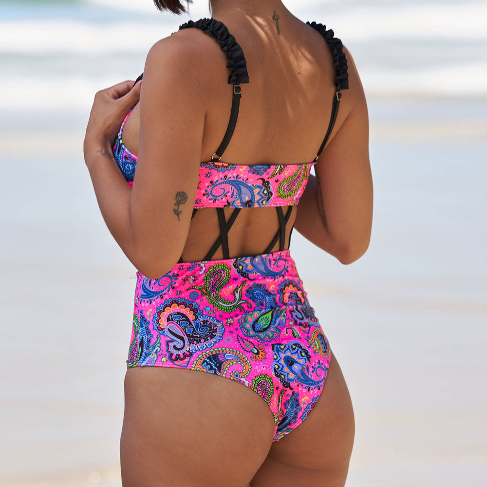 Boho Paisley Print Ruffle Crisscross Cutout Brazilian One Piece Swimsuit