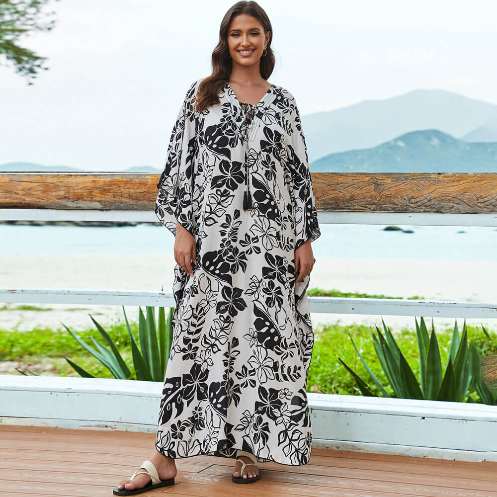 Boho-bedrucktes Schnürkleid mit V-Ausschnitt und Kimonoärmeln, brasilianisches Strandkleid