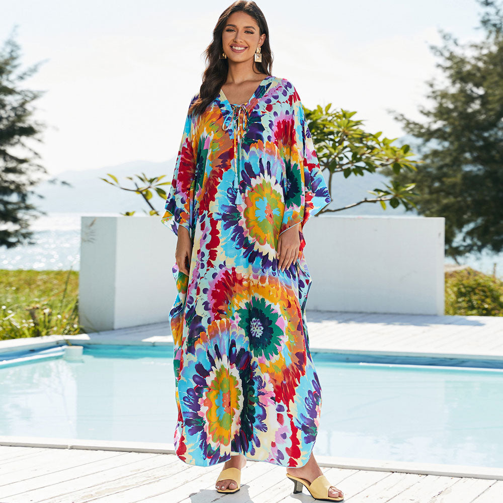 Boho-bedrucktes Schnürkleid mit V-Ausschnitt und Kimonoärmeln, brasilianisches Strandkleid