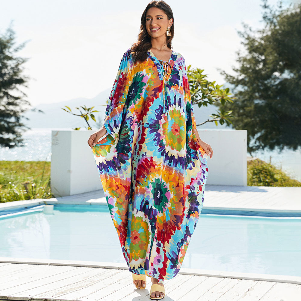 Boho-bedrucktes Schnürkleid mit V-Ausschnitt und Kimonoärmeln, brasilianisches Strandkleid