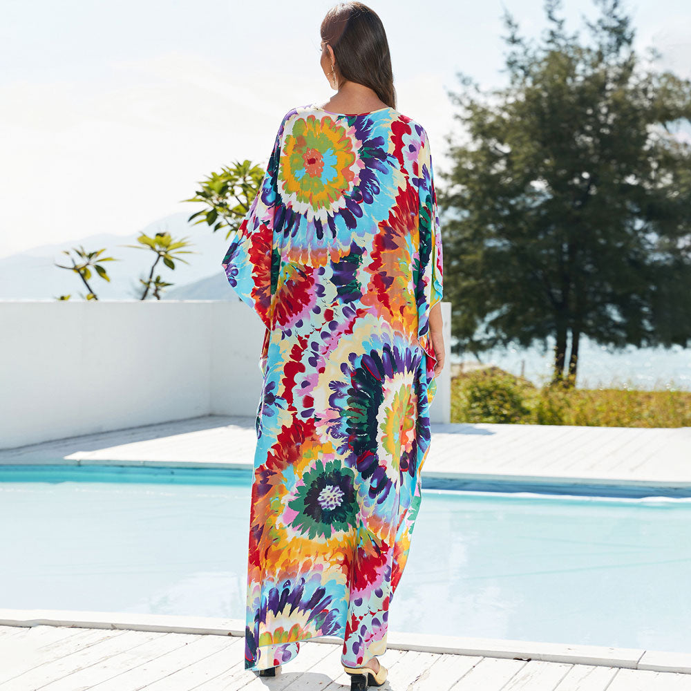 Boho Printed Lace Up V Neck Kimono Sleeve Brazilian Beach Cover Up