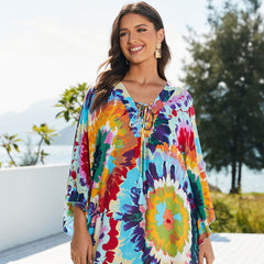 Boho Printed Lace Up V Neck Kimono Sleeve Brazilian Beach Cover Up