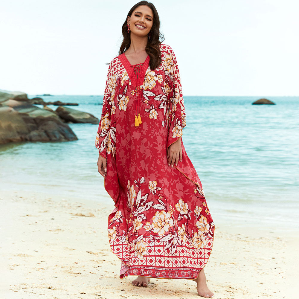 Boho-bedrucktes Schnürkleid mit V-Ausschnitt und Kimonoärmeln, brasilianisches Strandkleid