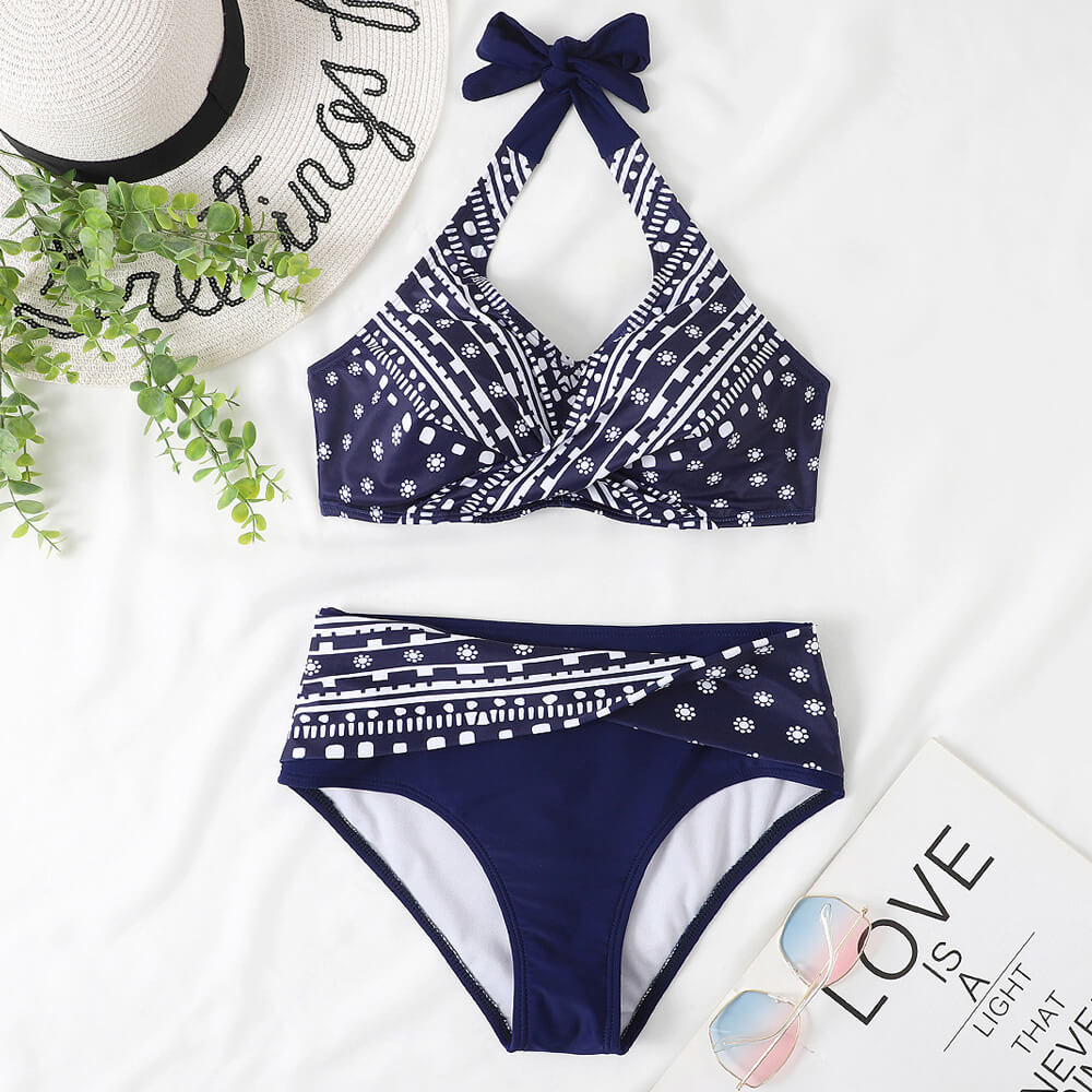 Zweiteiliger brasilianischer Bikini-Badeanzug mit Boho-Print und gedrehtem Bügel und Neckholder