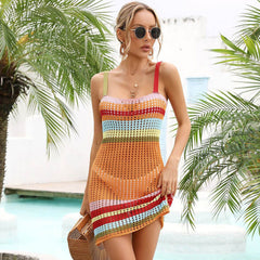 Vestido playero brasileño de crochet con rayas arcoíris bohemio