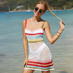 Vestido playero brasileño de crochet con rayas arcoíris bohemio