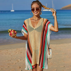 Boho Rainbow Striped Pullover Sheer Crochet Brazilian Beach Mini Cover Up Dress