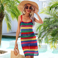 Boho Rainbow Striped Sleeveless Crochet Brazilian Beach Mini Cover Up Dress