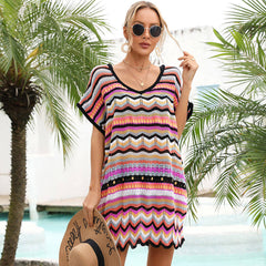 Vestido playero brasileño de crochet de manga corta con rayas festoneadas y estilo bohemio