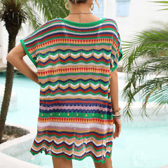 Vestido playero brasileño de crochet de manga corta con rayas festoneadas y estilo bohemio