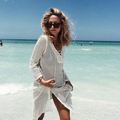 Vestido playero estilo túnica brasileña de crochet con abertura y cordones estilo bohemio