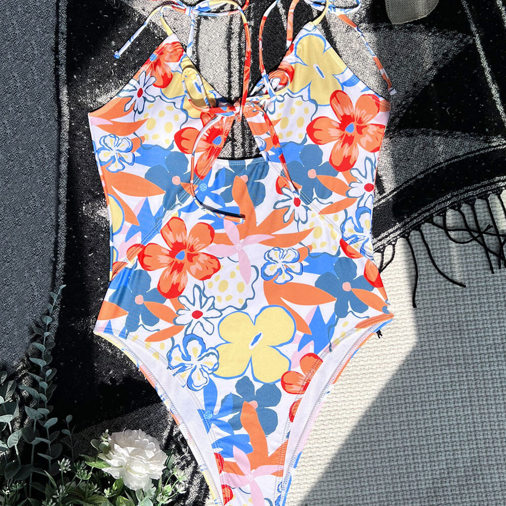 Boho Style Floral Print Tie Front Cutout Cheeky Brazilian One Piece Swimsuit