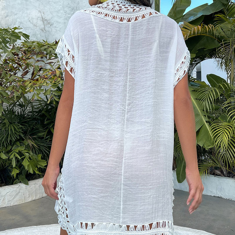 Boho Style Oversized Crochet V Neck Brazilian Mini Beach Tunic Cover Up