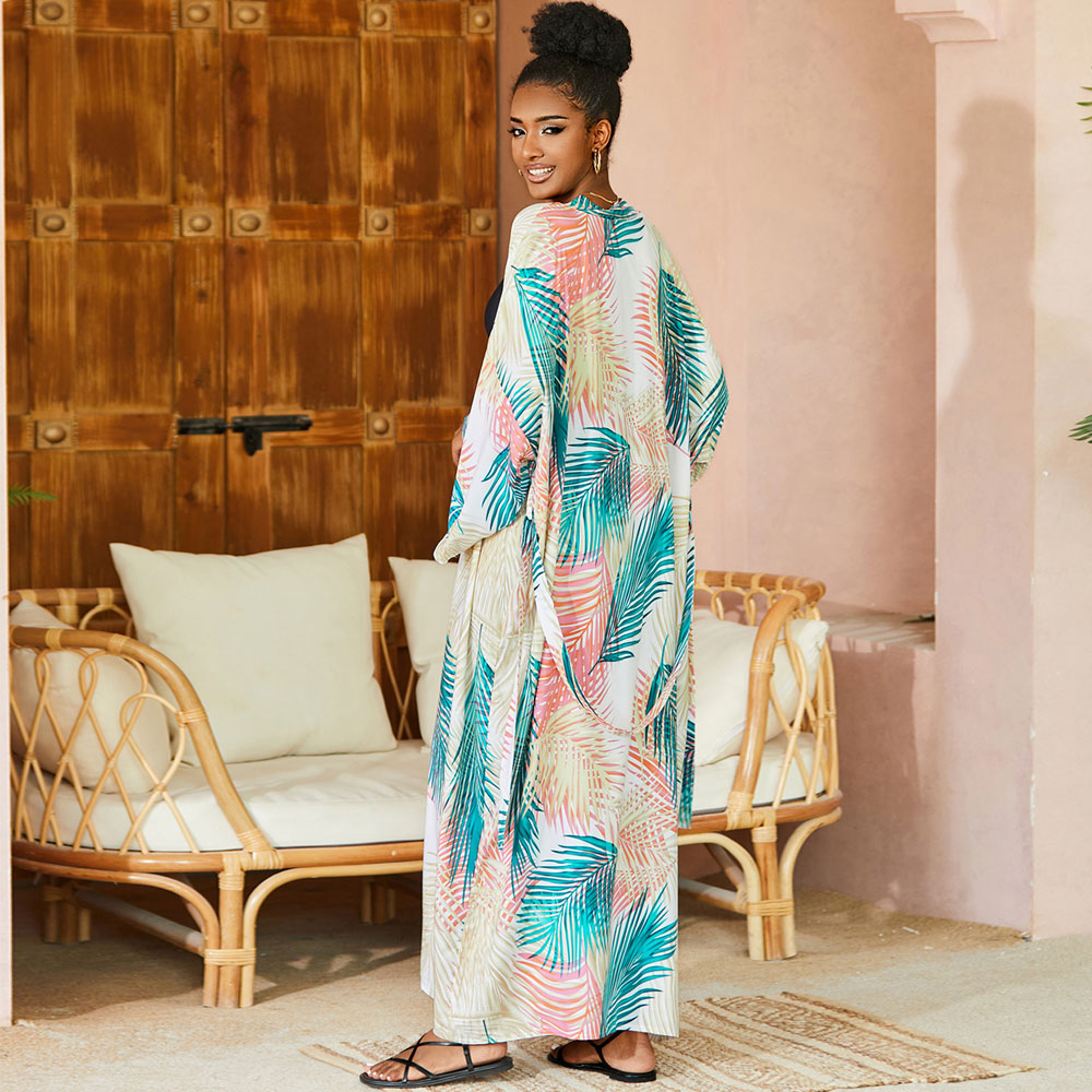 Boho Style Printed Open Front 3/4 Sleeve Belted Beach Cover Up