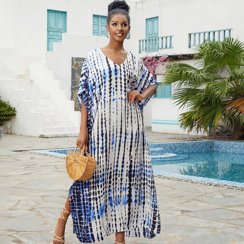 Vestido playero brasileño estilo bohemio con escote en V, manga corta y abertura lateral