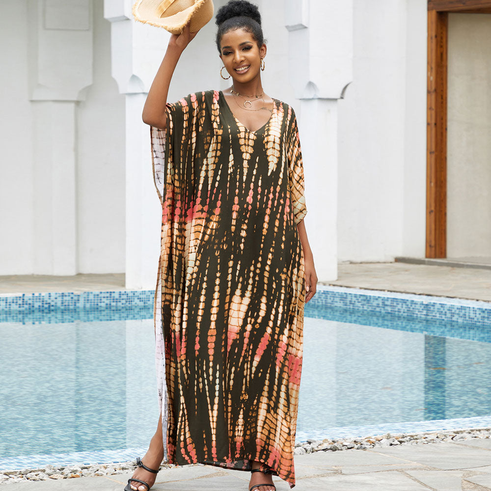 Vestido playero brasileño estilo bohemio con escote en V, manga corta y abertura lateral