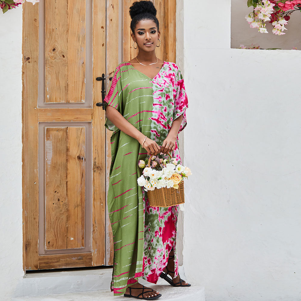 Vestido playero brasileño estilo bohemio con escote en V, manga corta y abertura lateral