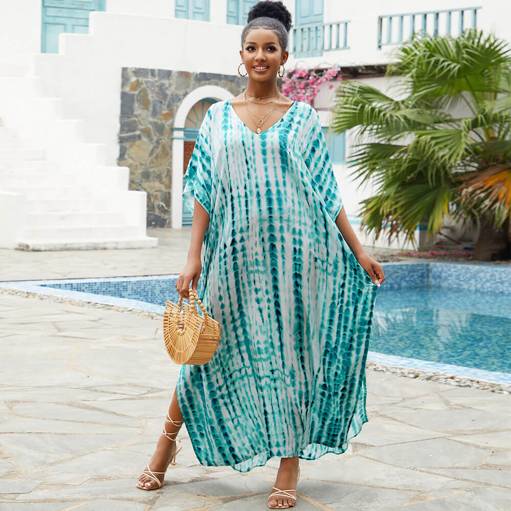 Vestido playero brasileño estilo bohemio con escote en V, manga corta y abertura lateral