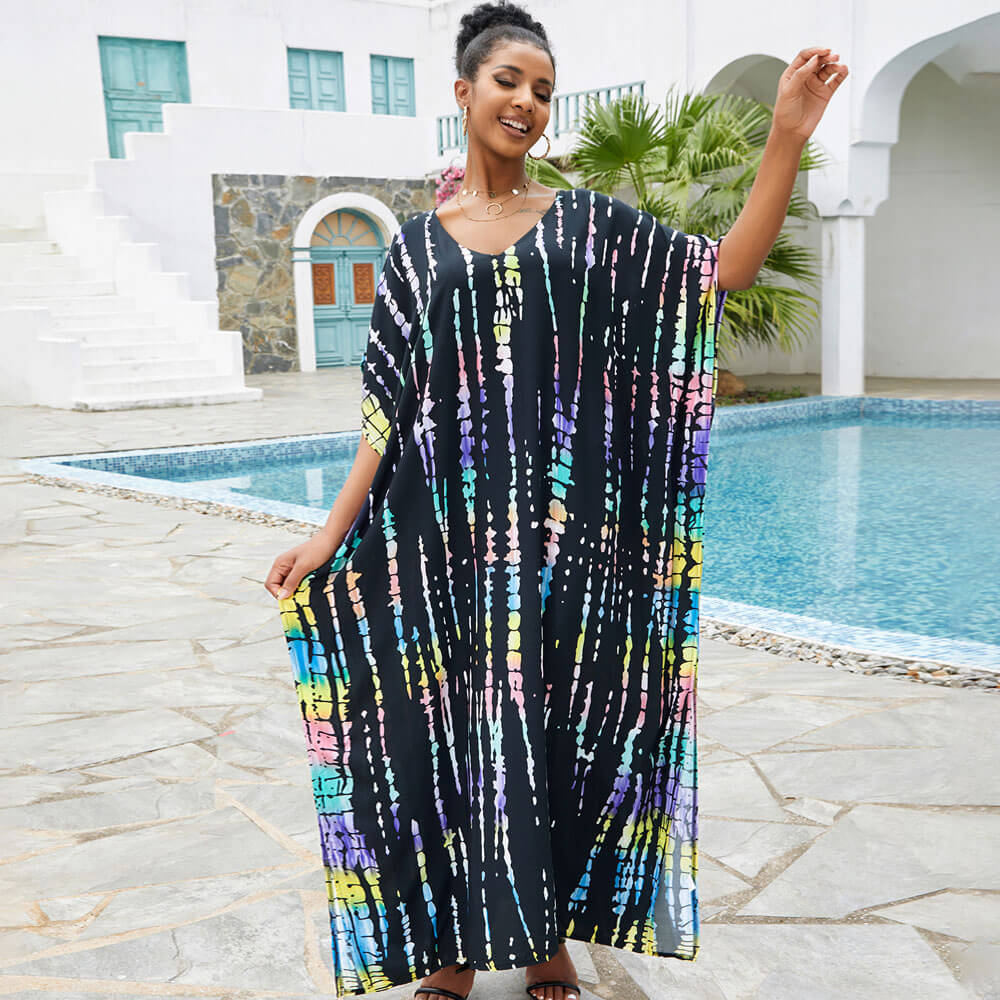 Vestido playero brasileño estilo bohemio con escote en V, manga corta y abertura lateral