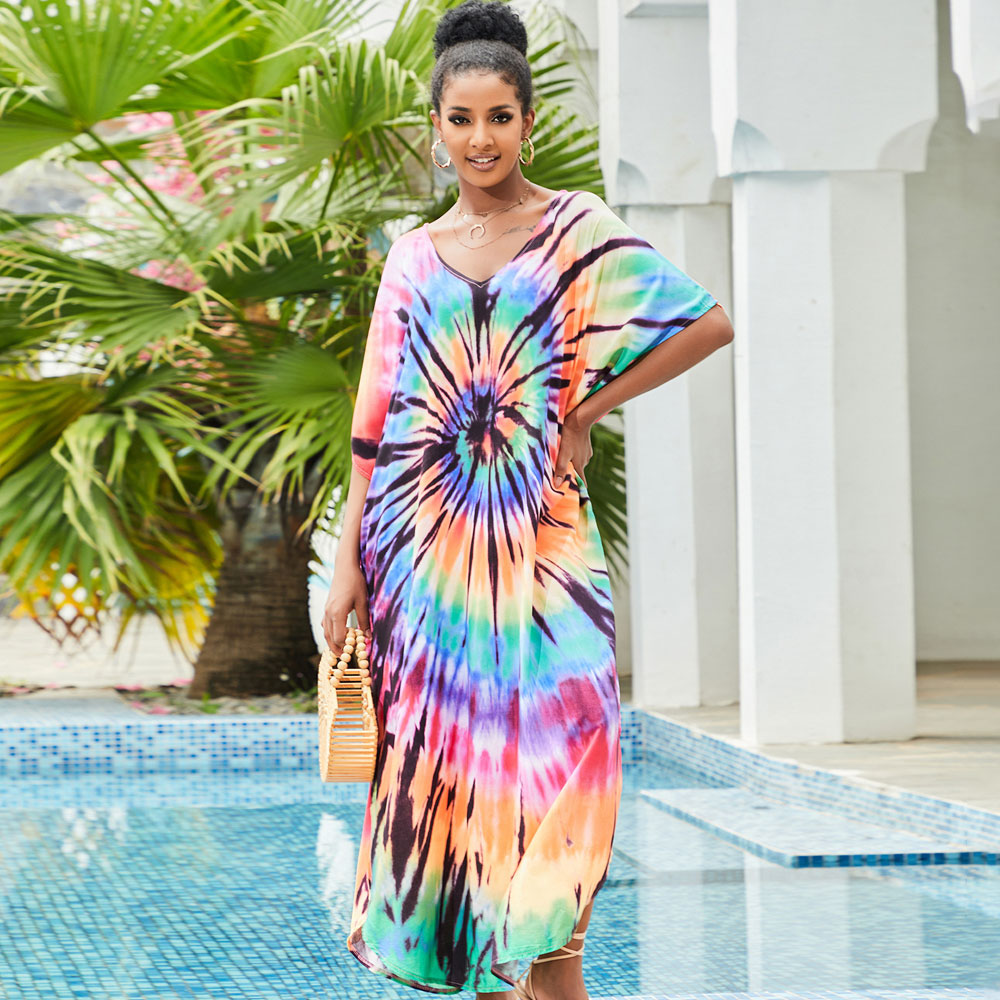 Vestido playero brasileño estilo bohemio con escote en V, manga corta y abertura lateral