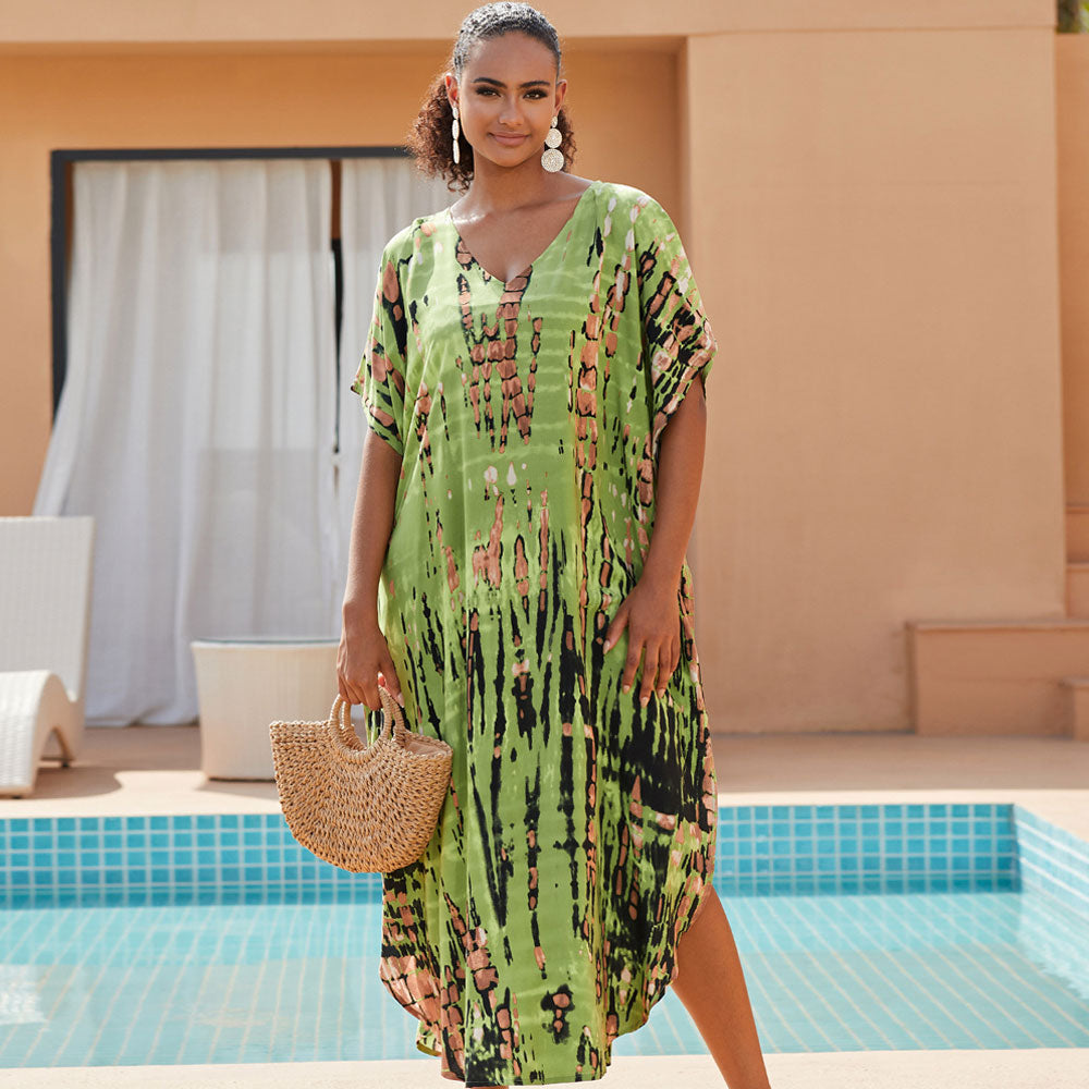 Vestido playero brasileño estilo bohemio con escote en V, manga corta y abertura lateral