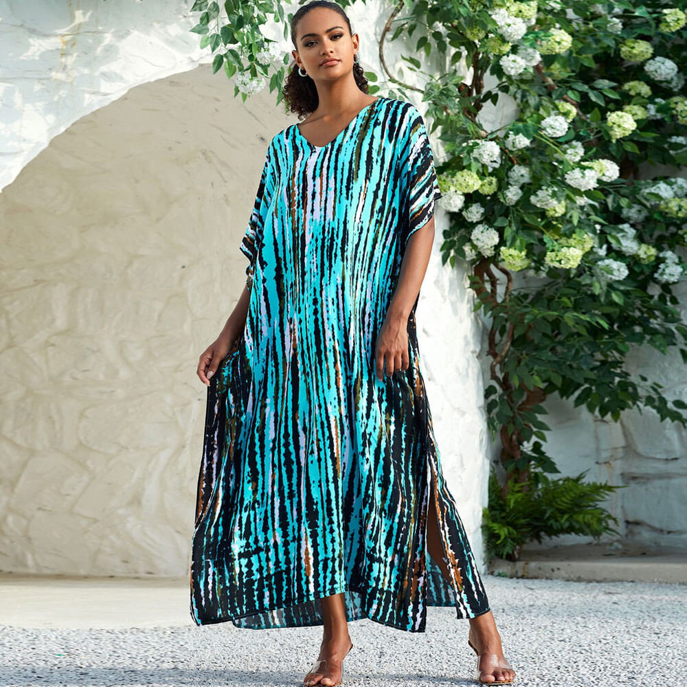 Vestido playero brasileño estilo bohemio con escote en V, manga corta y abertura lateral