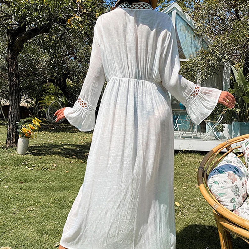 Maxivestido playero brasileño estilo bohemio con mangas acampanadas y ribete de crochet y lazo en la parte delantera