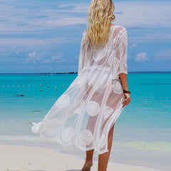 Vestido playero estilo bohemio con lazo frontal, mangas al codo y encaje floral, estilo brasileño