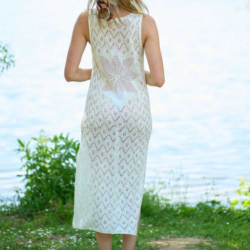 Vestido playero midi estilo brasileño de punto pointelle con abertura y cuello en V, estilo bohemio, con estampado floral