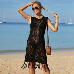 Vestido playero brasileño bohemio de crochet ondulado con flecos y sin mangas