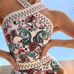 Boho Wavy Paisley Print Criss Cross Brazilian One Piece Swimsuit