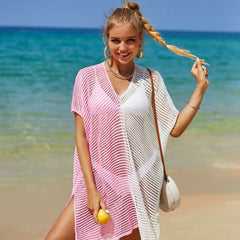 Bold Contrast Color V Neck Sheer Crochet Knit Brazilian Beach Tunic Cover Up