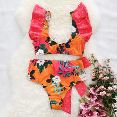 Bowknot High Waist Floral Print V Neck Brazilian Two Piece Bikini Swimsuit