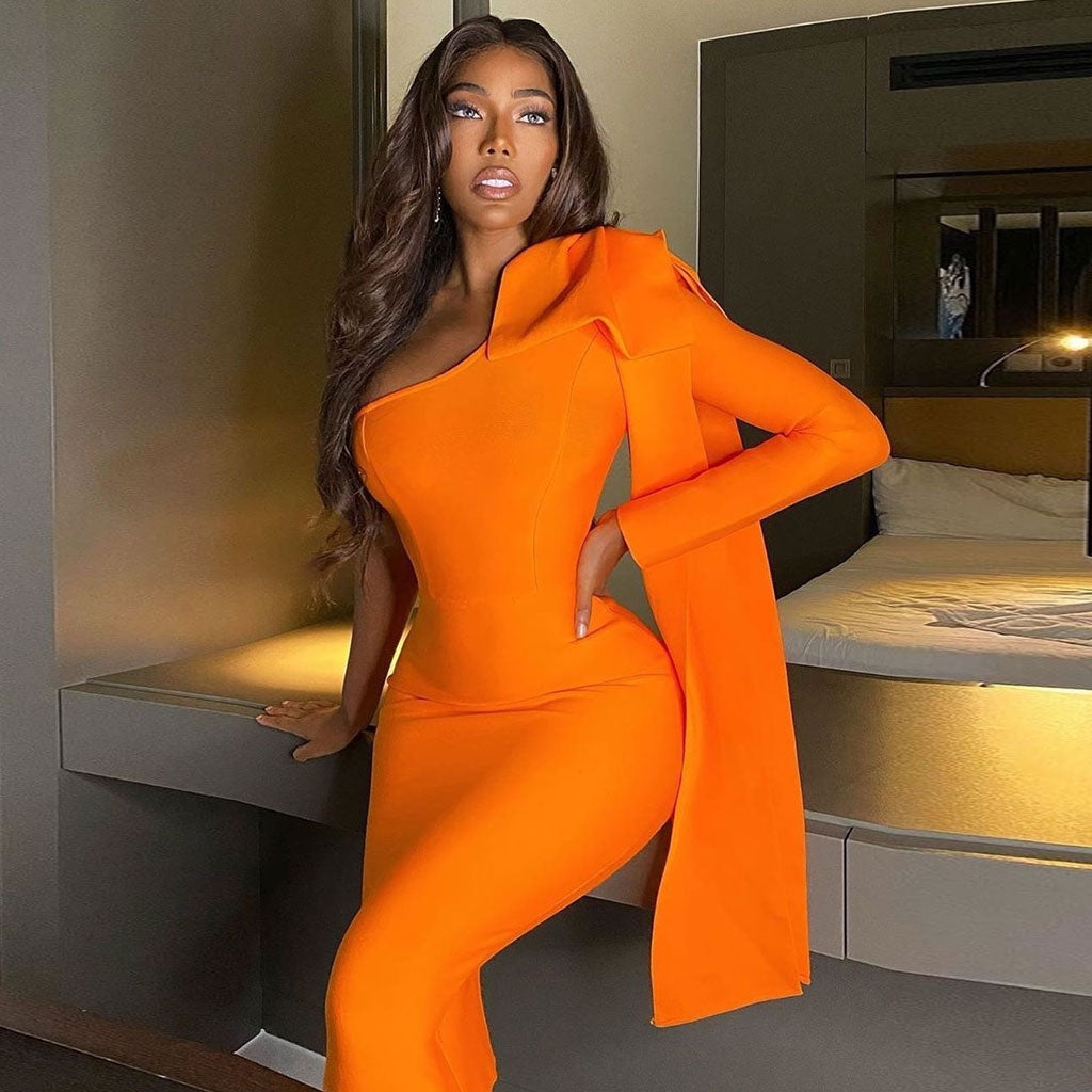 Bowknot One Shoulder Langarm Bodycon Bandage Midikleid - Gebranntes Orange