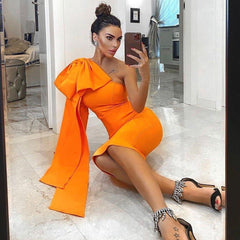 Bowknot One Shoulder Langarm Bodycon Bandage Midikleid - Gebranntes Orange