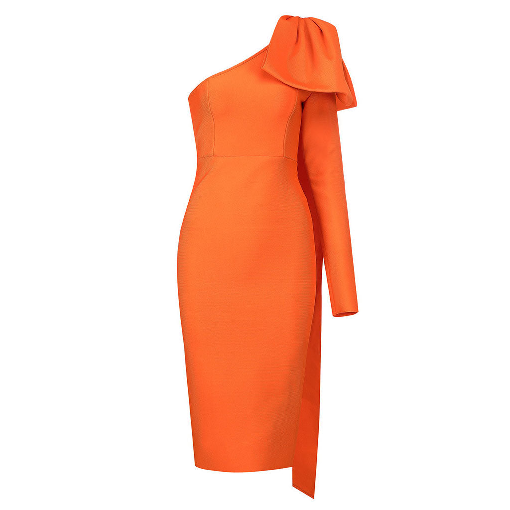 Bowknot One Shoulder Langarm Bodycon Bandage Midikleid - Gebranntes Orange