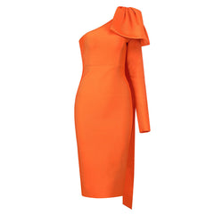 Vestido midi ajustado con lazo, manga larga y un hombro - Naranja quemado