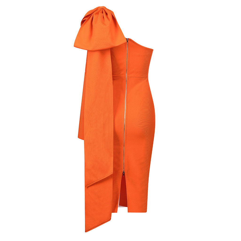 Bowknot One Shoulder Langarm Bodycon Bandage Midikleid - Gebranntes Orange