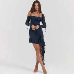 Breezy Bow Tie Scoop Neck Long Sleeve Sheer Mesh Asymmetric Ruffle Mini Dress