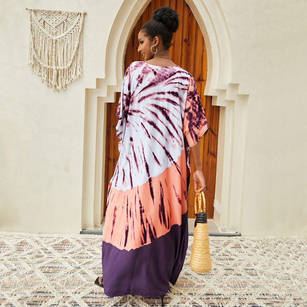 Breezy Color Block Tie Dye Split Brazilian Caftan Beach Cover Up Maxi Dress