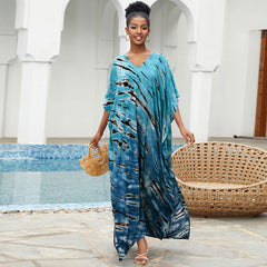 Breezy Color Block Tie Dye Split Brazilian Caftan Beach Cover Up Maxi Dress