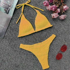 Bright High Cut Shirred Slide Triangle Brazilian Two Piece Bikini Swimsuit