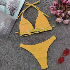 Bright High Cut Shirred Slide Triangle Brazilian Two Piece Bikini Swimsuit