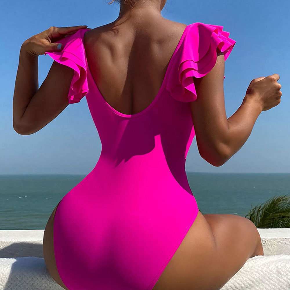 Bright Moderate Open Back Layered Ruffle Deep V Brazilian One Piece Swimsuit